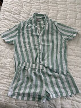 Sincerely Jules 100% Cotton Green & White Striped Short Pajama Set